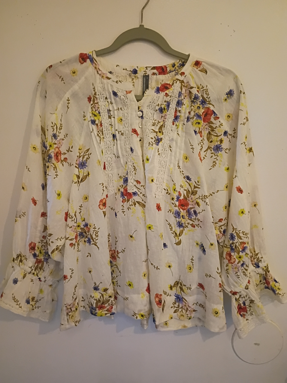 Anthropologie Cream Floral Lace-Trim Peasant Blouse Sz L